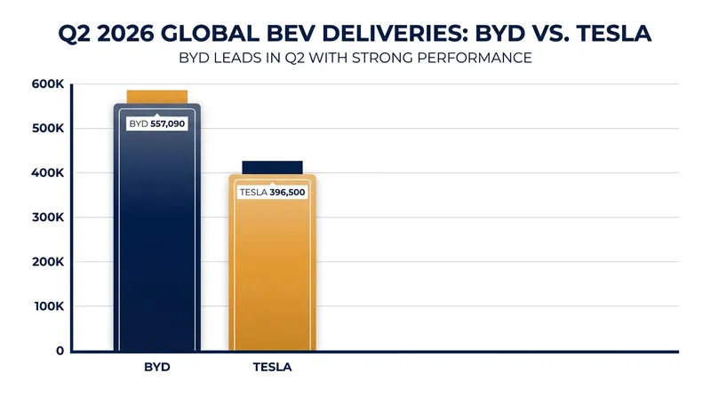 BYD outpaced Tesla by over 150,000 fully electric vehicles in the second quarter of 2026.
