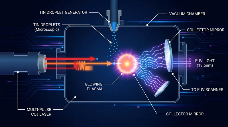 EUV light is generated by firing a high-power laser at microscopic droplets of molten tin 100,000 times per second.