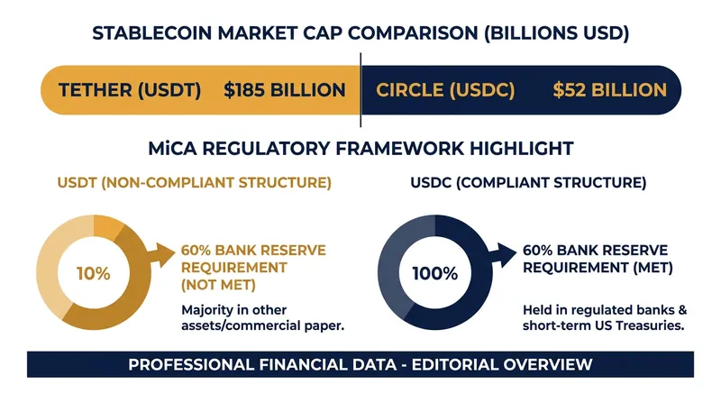 Tether's massive market capitalization advantage over Circle is neutralized in Europe by MiCA's strict reserve mandates.
