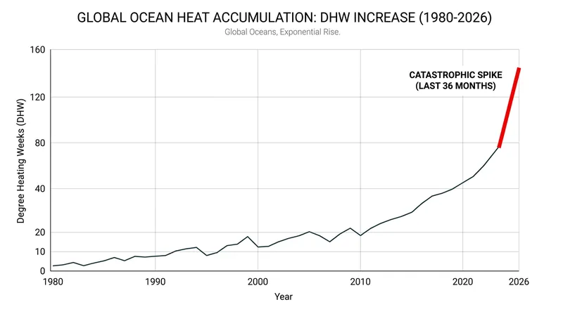 Oceanic heat stress, measured in Degree Heating Weeks, has shattered historical records over the past three years.