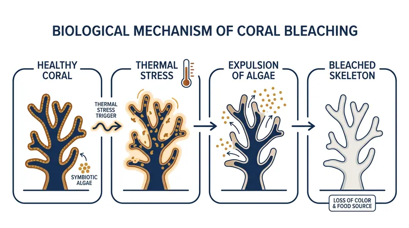 The mechanism of coral bleaching: prolonged heat stress forces corals to expel the symbiotic algae that provide their primary food source.