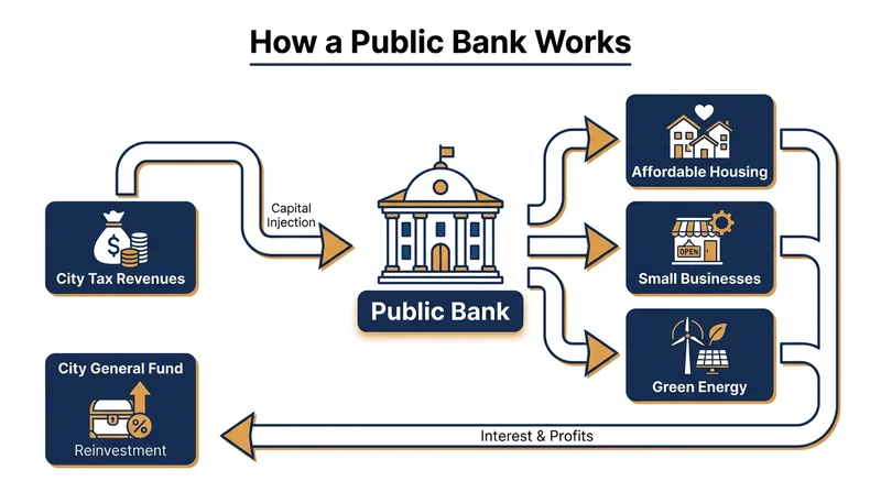 The public banking model aims to keep municipal deposits circulating within the local economy.