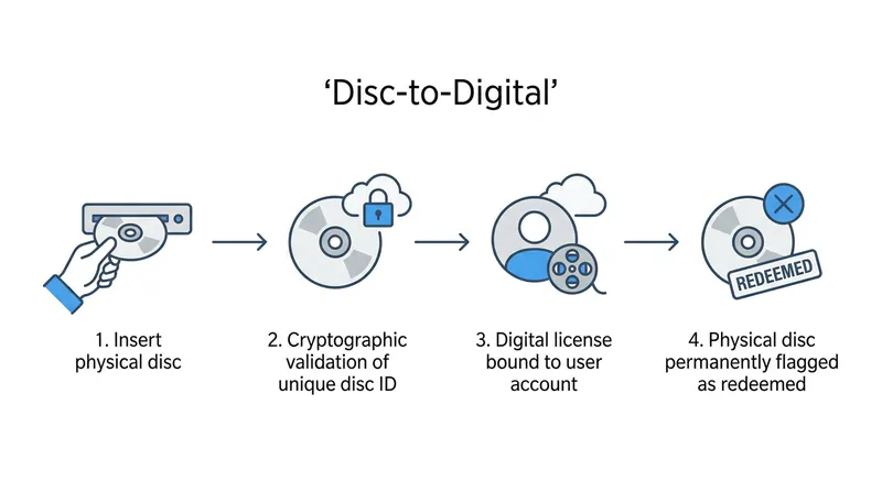 How Microsoft's proposed disc-to-digital feature would permanently convert physical media into digital licenses.