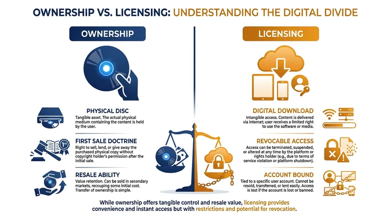 The legal and practical differences between owning a physical game and licensing a digital copy.