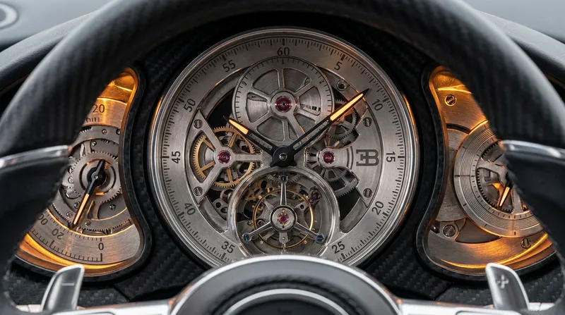 The analog instrument cluster is composed of over 600 individual parts crafted by Swiss watchmakers.