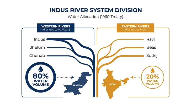 The 1960 Indus Water Treaty allocates the eastern rivers to India and the western rivers to Pakistan.