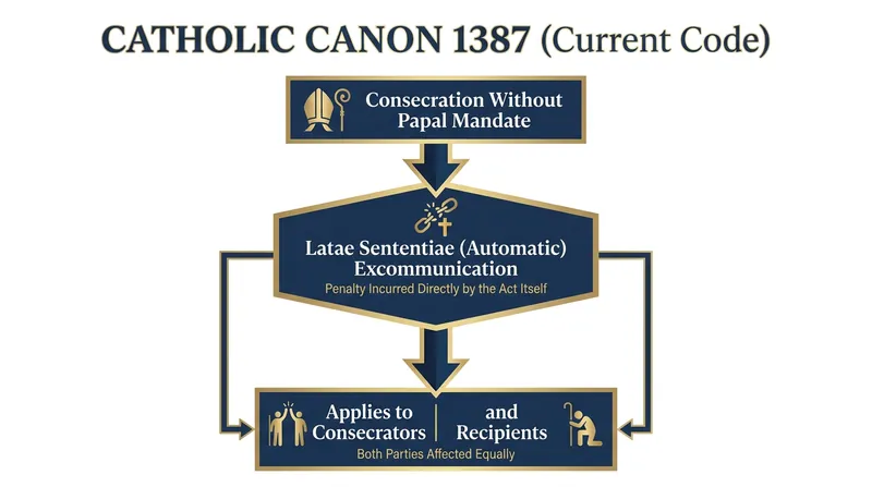 Under Canon 1387, consecrating a bishop without papal approval triggers an automatic penalty.