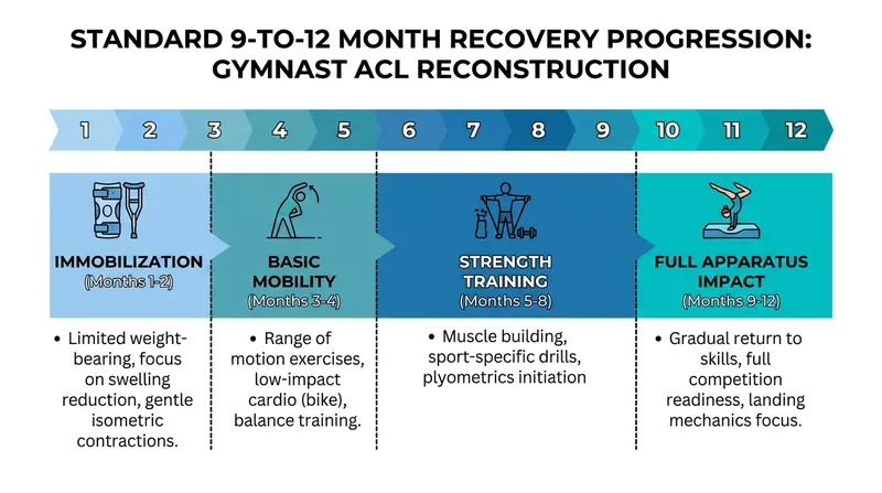 The standard rehabilitation timeline for a gymnast recovering from an ACL tear.