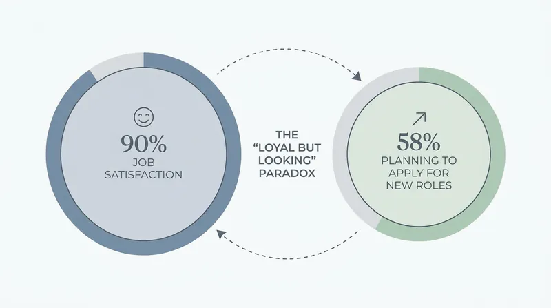 The 'loyal but looking' paradox reveals that high job satisfaction no longer guarantees employee retention.