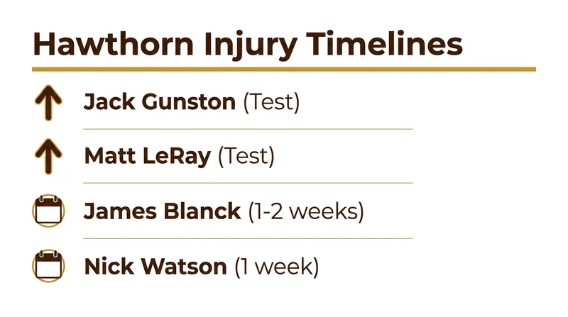 Expected return timelines for key Hawthorn players heading into Round 17.