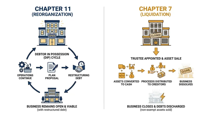 Unlike Chapter 7 liquidation, Chapter 11 allows a business to continue operating while it negotiates with creditors.