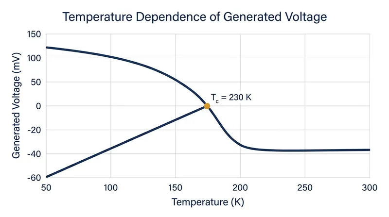 The generated electrical signal flips direction at 230 Kelvin as phonon scattering overtakes defect scattering.