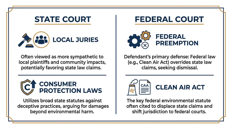 Why venue matters: The legal framework shifts dramatically depending on which court hears the case.