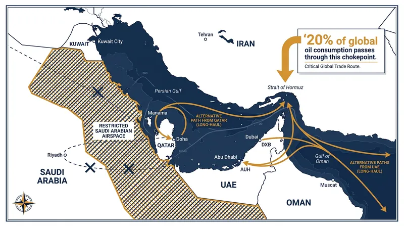 Without access to Saudi airspace, U.S. forces must rely on longer, more vulnerable operational routes to secure the Strait.