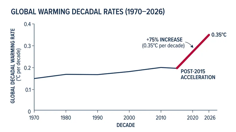 The decadal rate of global temperature increase has jumped from 0.20°C to 0.35°C since 2015.