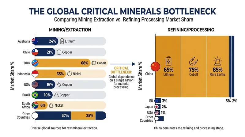While raw extraction is globally distributed, the complex refining process has historically been highly concentrated.