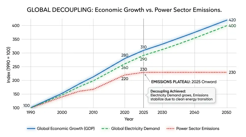 Global power sector emissions have plateaued even as total electricity demand surges.