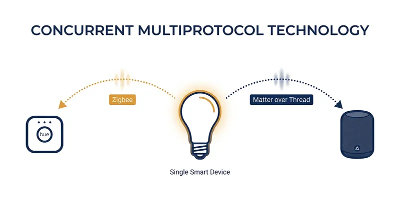 Concurrent multiprotocol technology allows a single wireless chip to actively participate in two different mesh networks at the same time.