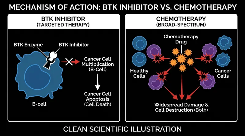 Unlike chemotherapy, BTK inhibitors specifically target the enzymes B-cell malignancies need to survive.