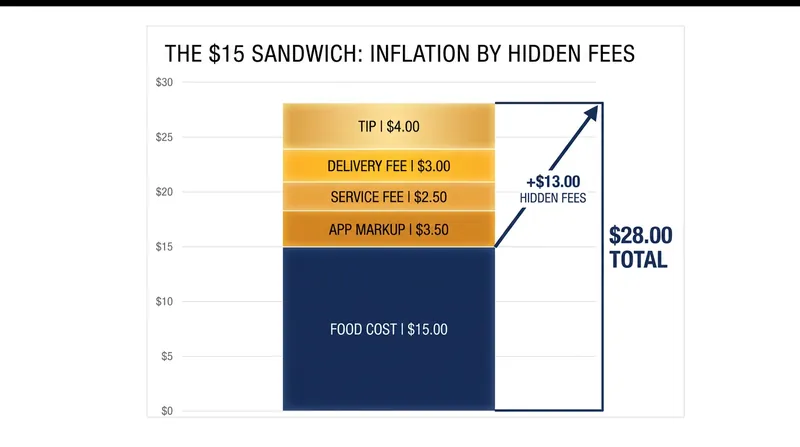 How hidden markups and service fees inflate the final cost of a standard delivery order.