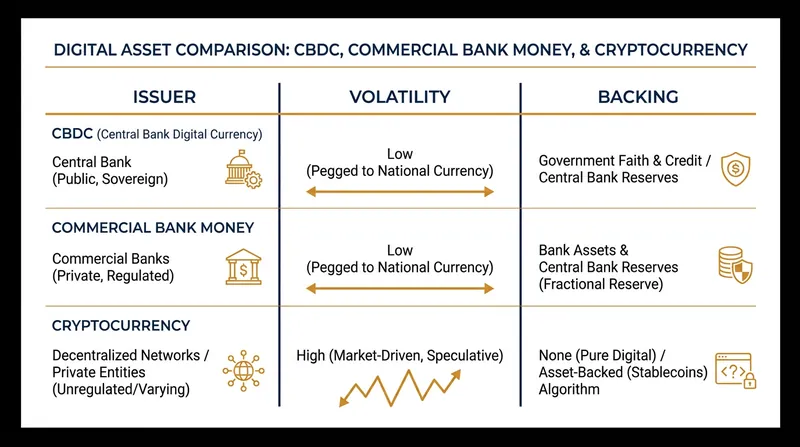 Unlike cryptocurrencies, CBDCs are fully backed sovereign liabilities designed for stability.