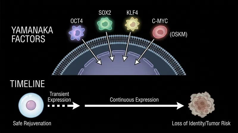 The therapy relies on transiently expressing four specific transcription factors to reset the cell's age without erasing its identity.