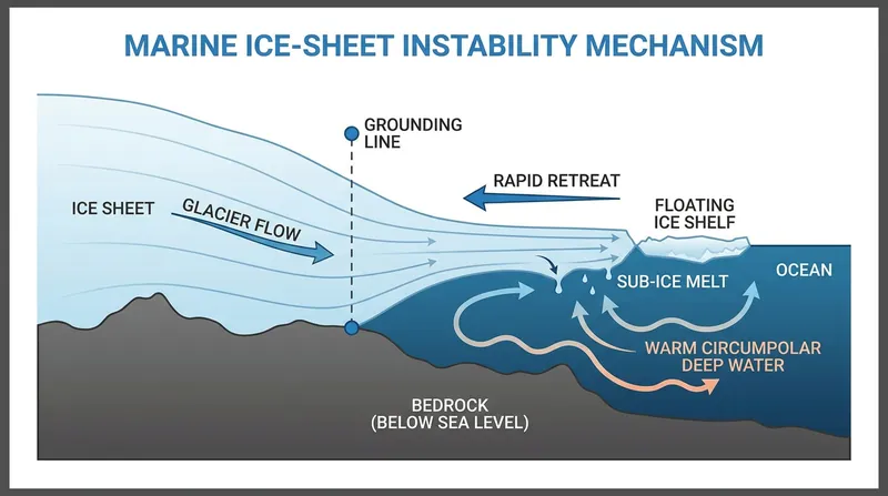 The mechanics of non-linear ice loss: as ocean temperatures rise, the grounding line retreats, accelerating the discharge of ice into the sea.