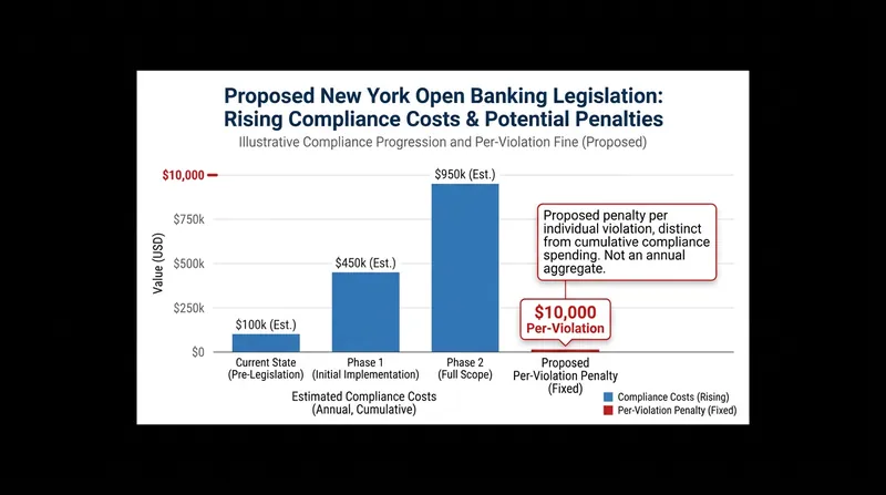 New York's proposed legislation introduces severe financial penalties for institutions that fail to provide data access.