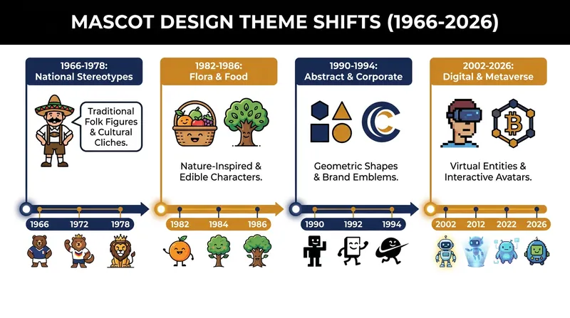 The design language of mascots has shifted from literal caricatures to abstract and digital concepts.