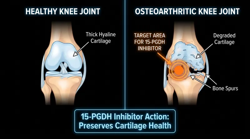 The 15-PGDH inhibitor targets the degraded cartilage matrix, prompting existing cells to rebuild the joint's natural cushion.