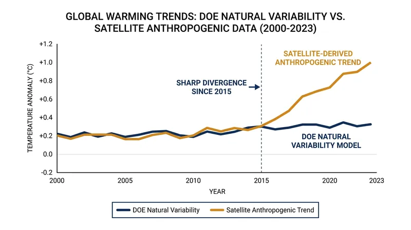 The new satellite data corrects a statistical artifact in the DOE's baseline, revealing a steeper anthropogenic warming trend.