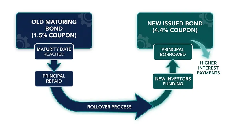 The mechanics of debt rollover: the Treasury issues new, higher-yielding bonds to pay off older, low-rate debt as it matures.