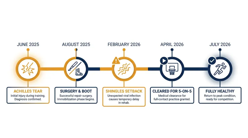 The 12-month timeline of Tyrese Haliburton's recovery from a torn Achilles tendon.