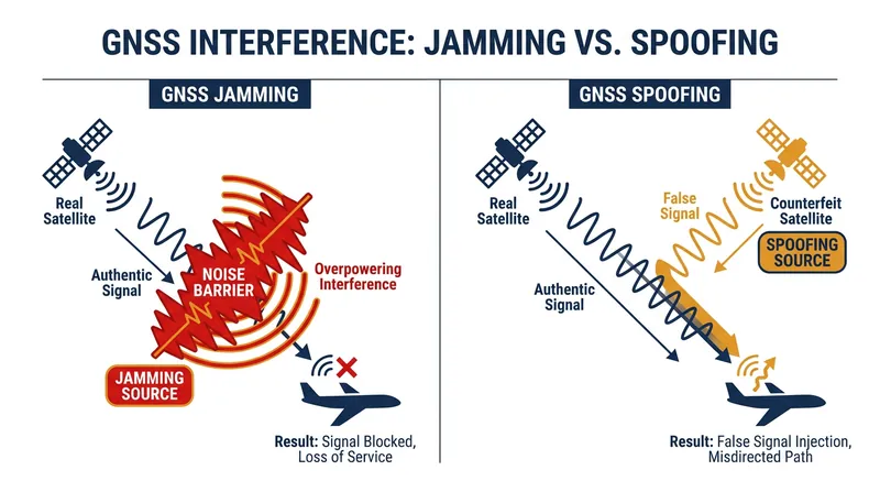 While jamming blocks navigation signals, spoofing is more dangerous as it feeds false position data to the aircraft.