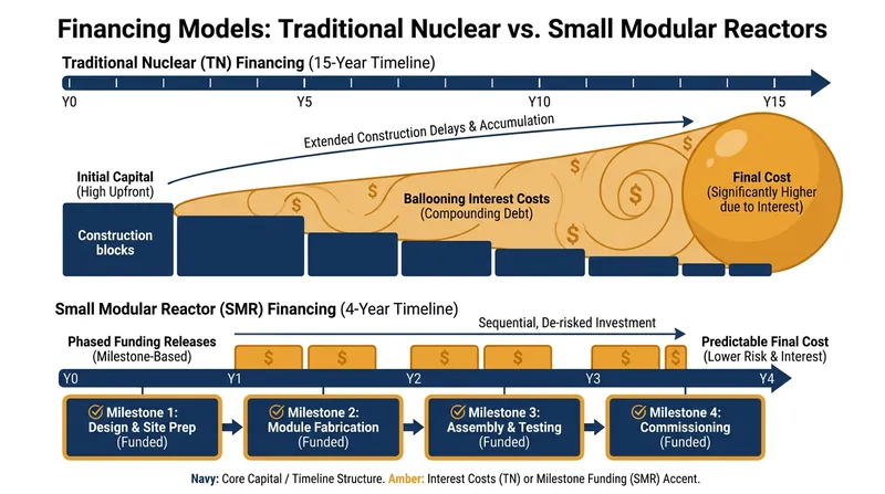 SMRs compress the construction timeline, drastically reducing the 'cost of capital' that plagues traditional nuclear projects.