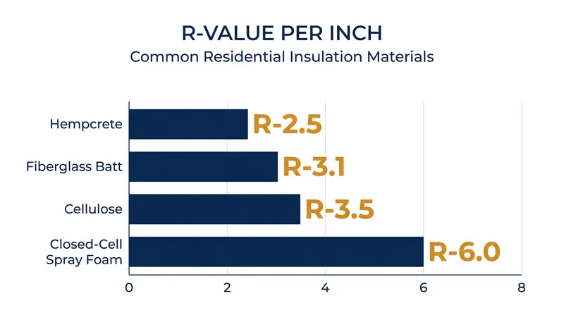 While its raw R-value is lower than synthetic foams, hempcrete's high thermal mass provides superior temperature regulation.
