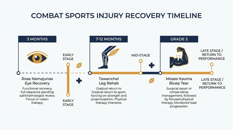 Recovery timelines for major combat sports stars returning to action in 2026.