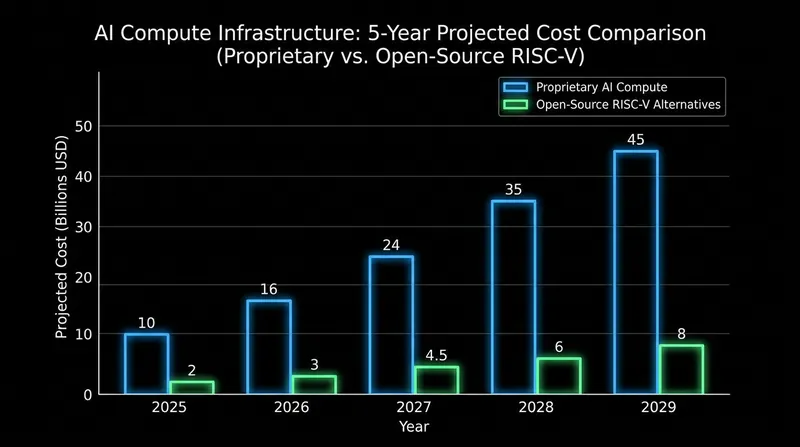 Open-source RISC-V architectures like Tenstorrent's are projected to significantly lower the capital expenditure required for AI training.