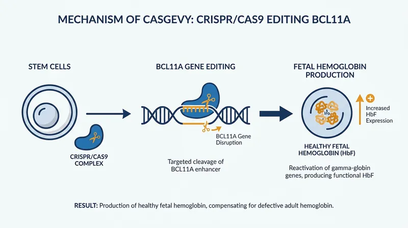 Casgevy works by disabling the BCL11A gene, forcing the body to resume producing fetal hemoglobin.
