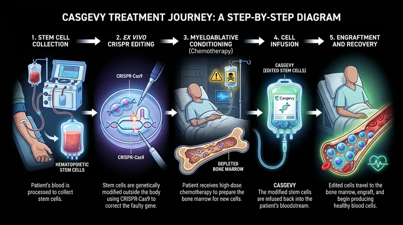 The treatment process for Casgevy spans several months and requires intensive chemotherapy conditioning.