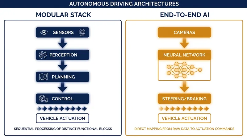 Unlike traditional autonomous vehicles, Tesla's end-to-end neural network maps camera pixels directly to driving controls without intermediate coding.