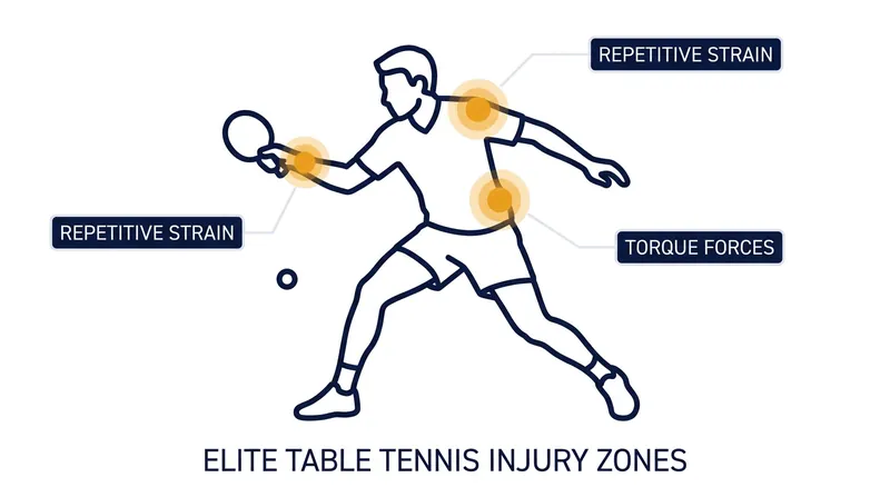 Modern sports science highlights the severe biomechanical torque placed on the wrists and shoulders during elite table tennis.