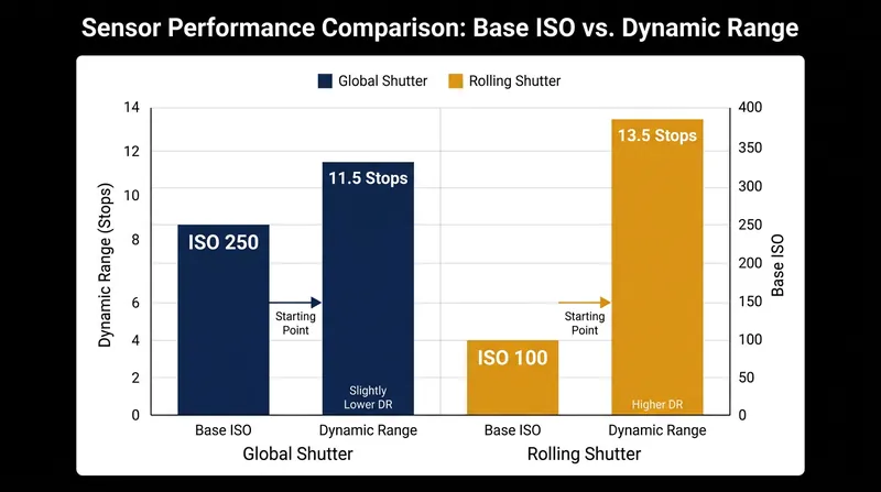The engineering trade-off: global shutters sacrifice some base sensitivity and dynamic range for speed.