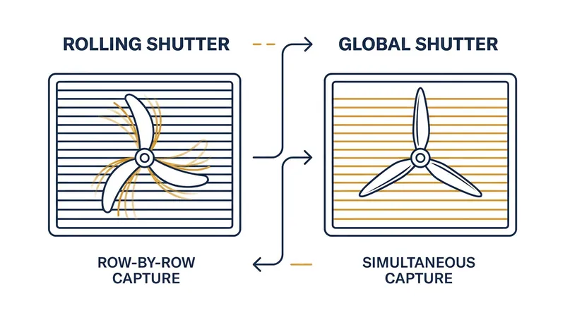 How rolling shutters distort fast-moving objects compared to the simultaneous capture of a global shutter.