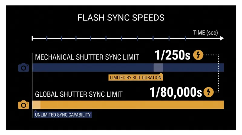 Global shutters eliminate the mechanical shutter entirely, allowing flash synchronization at any speed.
