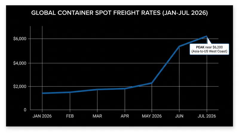 Spot freight rates have surged since May as importers rush to secure space ahead of the traditional peak season.