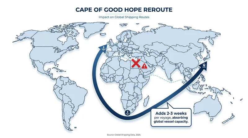 Rerouting ships around Africa to avoid the Red Sea has effectively shrunk the active global fleet by extending voyage times.