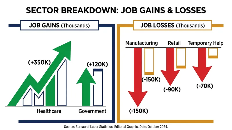Job creation was highly uneven, with cyclical sectors shedding workers while healthcare and government continued to hire.