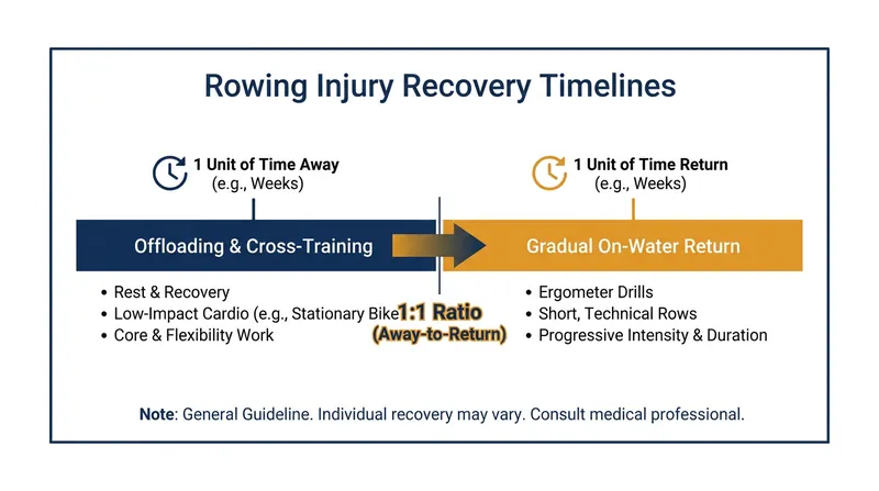 Sports medicine protocols dictate a strict 1:1 away-to-return ratio for rowers recovering from rib stress injuries.