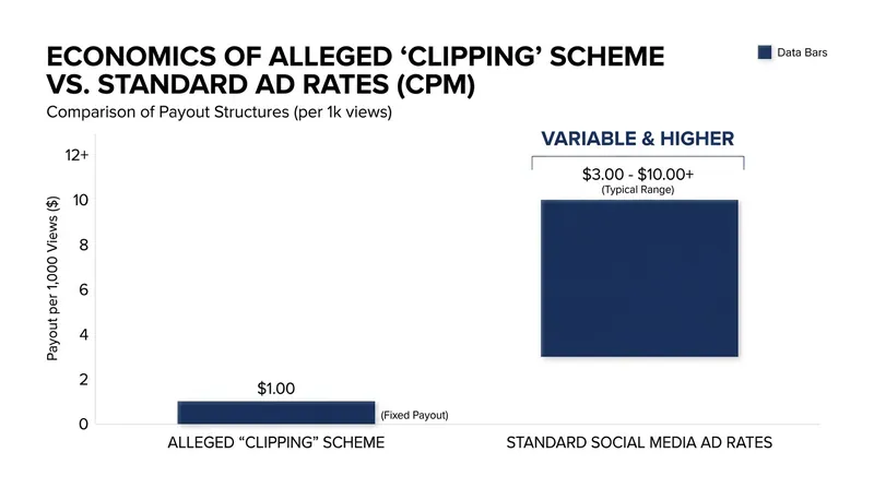 The 'clipping' scheme incentivized secondary accounts to artificially amplify promotional content.